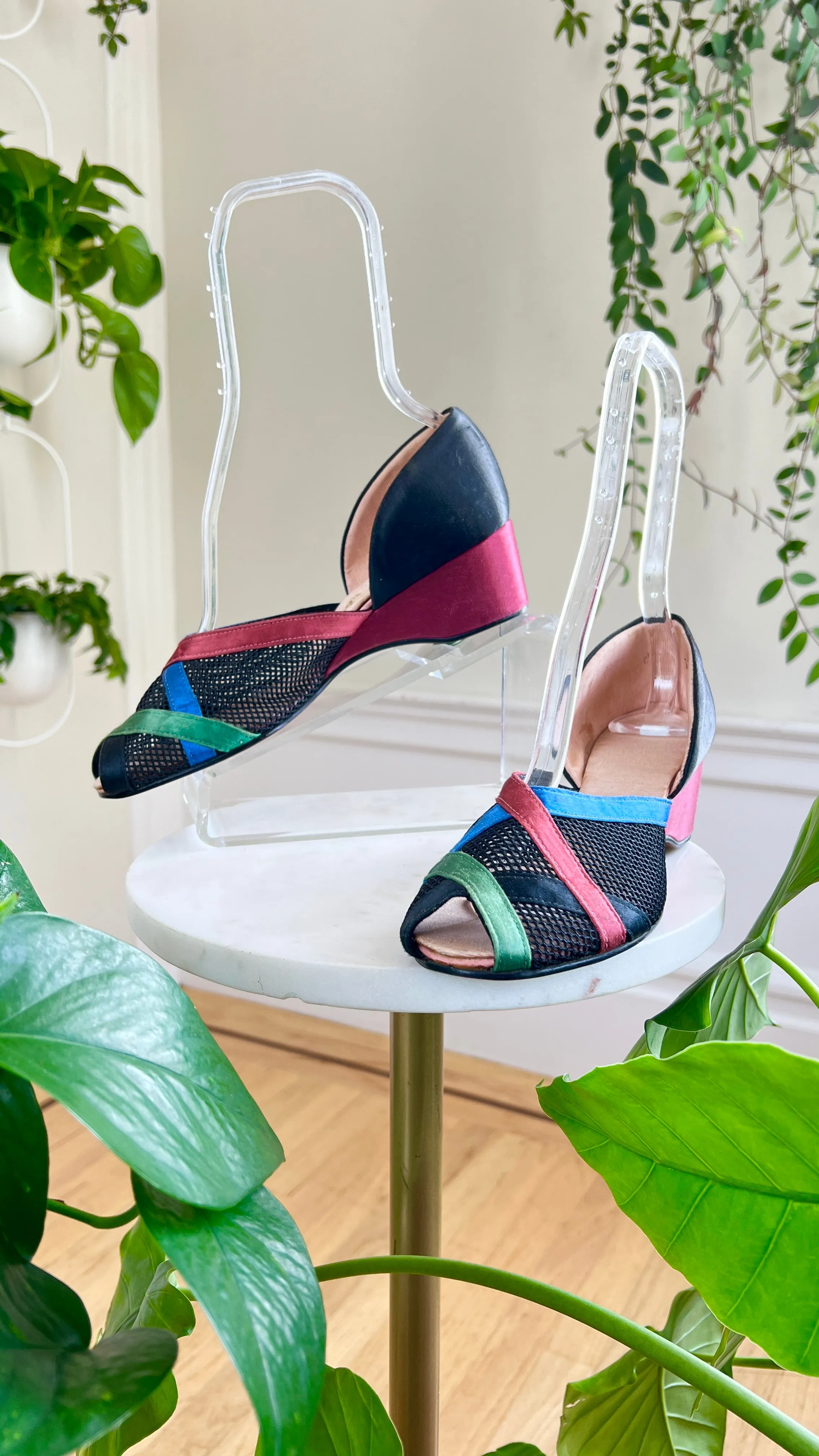 1940s Satin   Mesh Wedges | size US 8.5/9