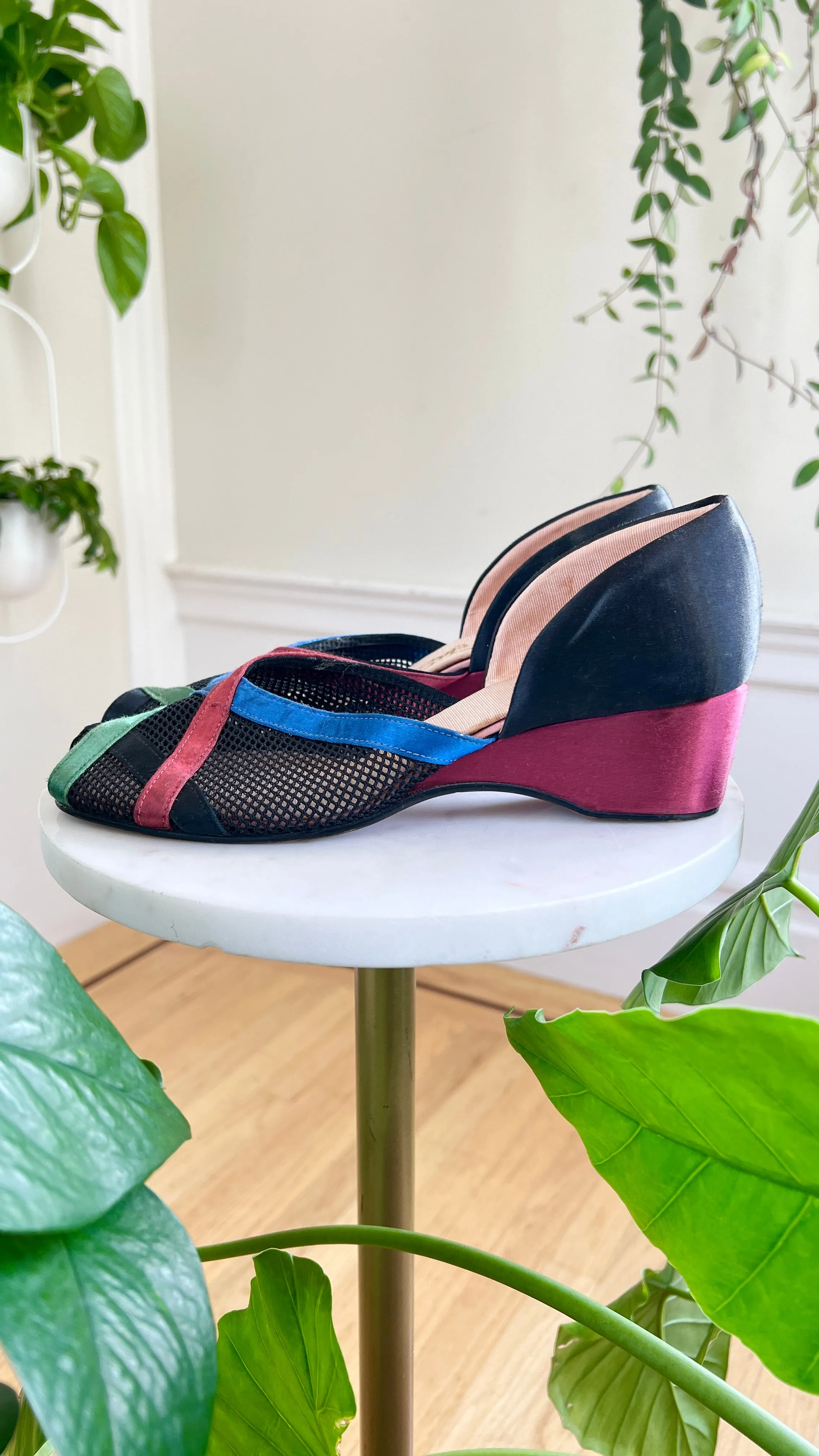 1940s Satin   Mesh Wedges | size US 8.5/9