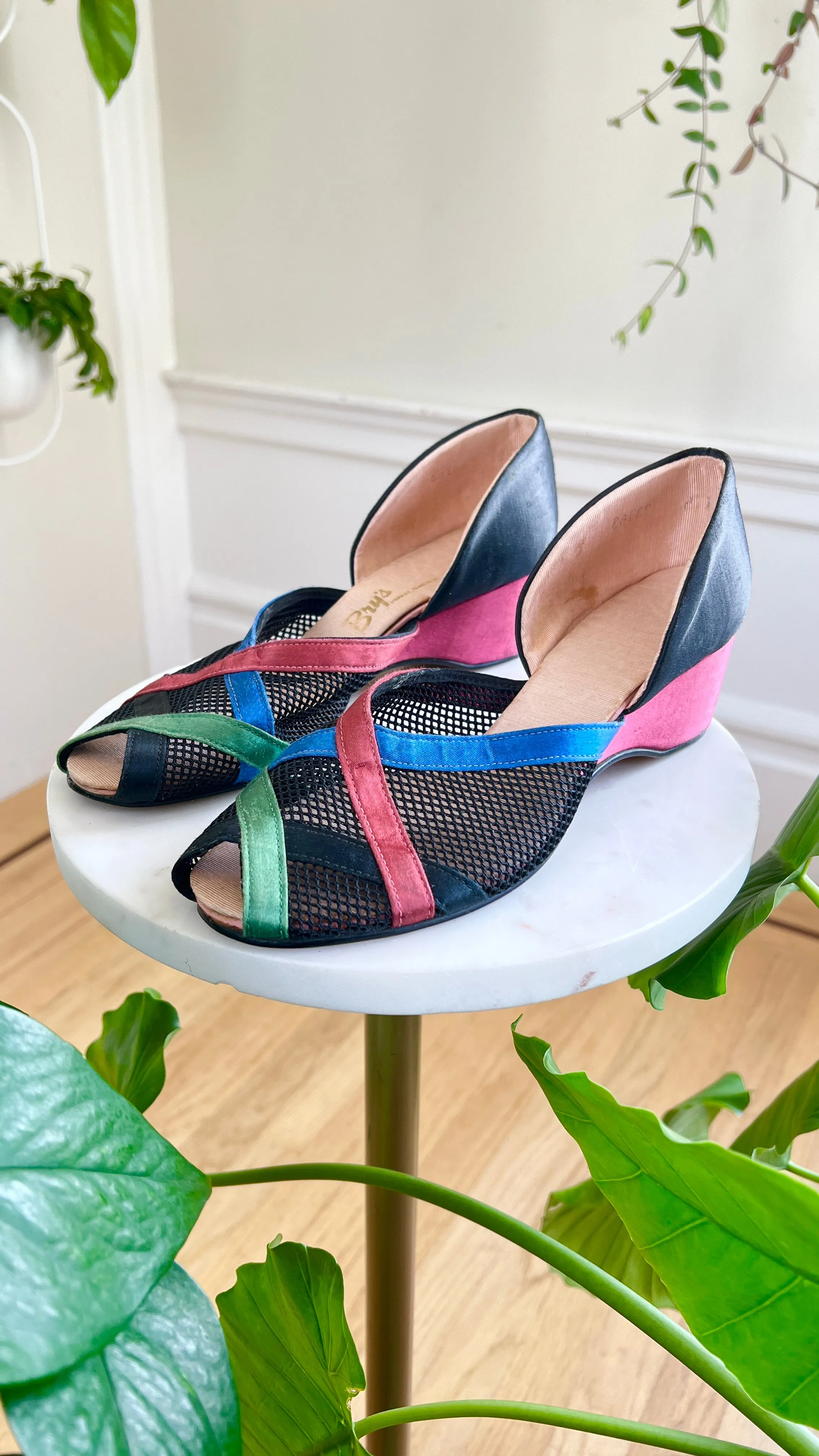 1940s Satin   Mesh Wedges | size US 8.5/9