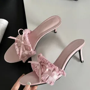 binfenxie Summer Silk Pleated Butterfly-knot Woman Slippers Fashion Thin Heels Party Stripper Ladies Mules Slides Zapatos Mujer