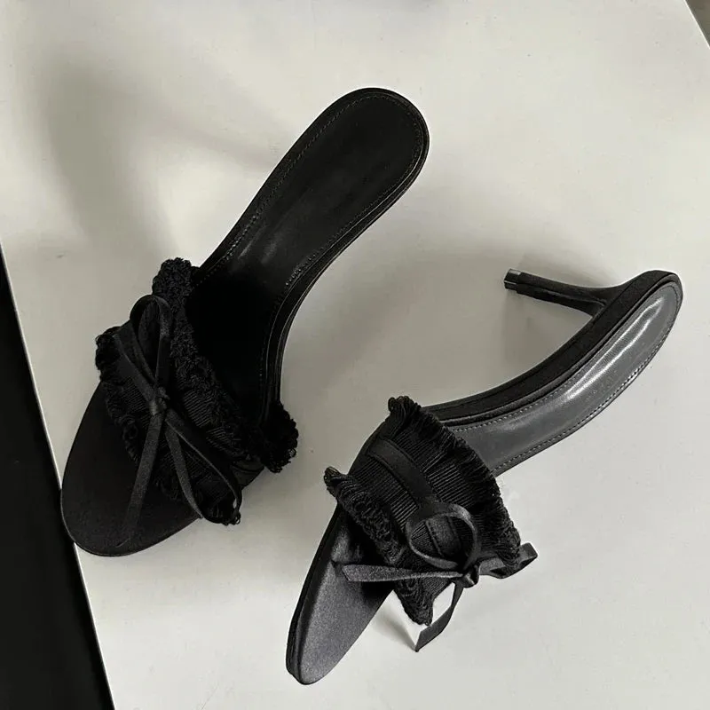 binfenxie Summer Silk Pleated Butterfly-knot Woman Slippers Fashion Thin Heels Party Stripper Ladies Mules Slides Zapatos Mujer