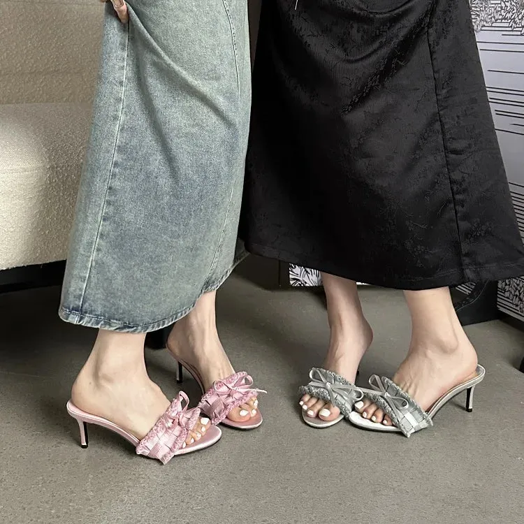 binfenxie Summer Silk Pleated Butterfly-knot Woman Slippers Fashion Thin Heels Party Stripper Ladies Mules Slides Zapatos Mujer