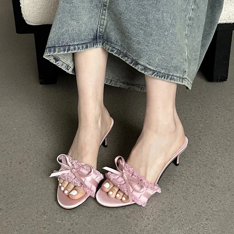 binfenxie Summer Silk Pleated Butterfly-knot Woman Slippers Fashion Thin Heels Party Stripper Ladies Mules Slides Zapatos Mujer