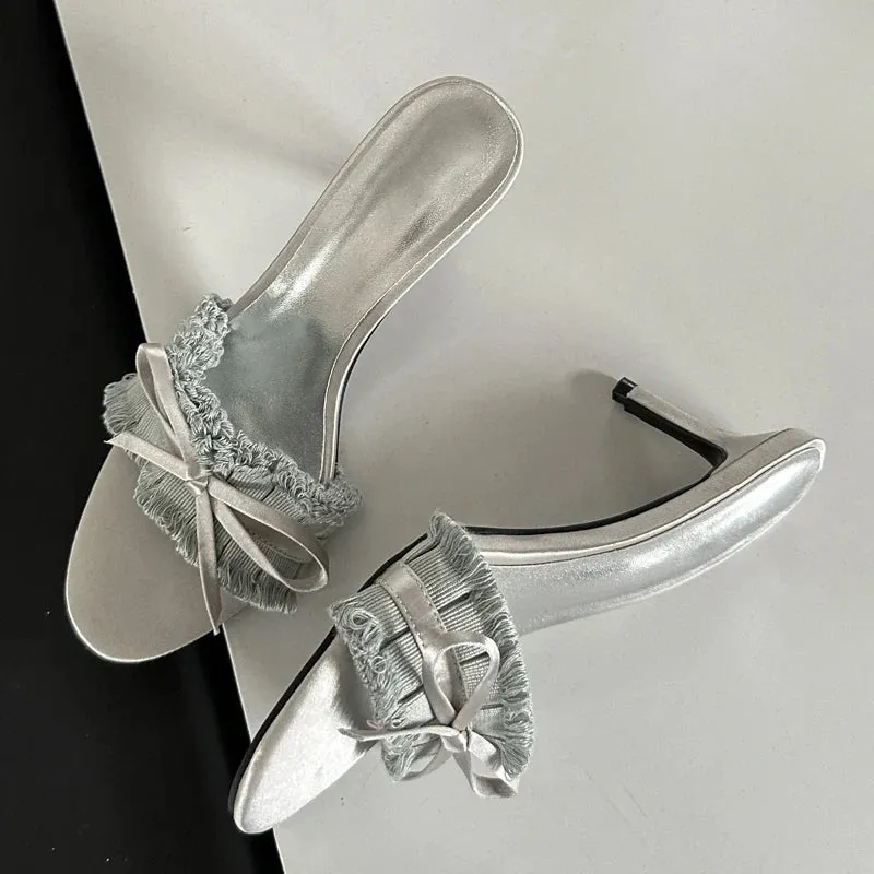 binfenxie Summer Silk Pleated Butterfly-knot Woman Slippers Fashion Thin Heels Party Stripper Ladies Mules Slides Zapatos Mujer