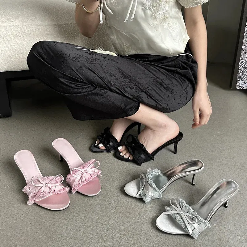 binfenxie Summer Silk Pleated Butterfly-knot Woman Slippers Fashion Thin Heels Party Stripper Ladies Mules Slides Zapatos Mujer