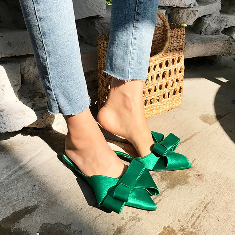 Dianna Silk Satin Pointed Big Bow Tie Slippers - 5 Colors
