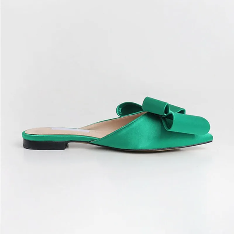 Dianna Silk Satin Pointed Big Bow Tie Slippers - 5 Colors