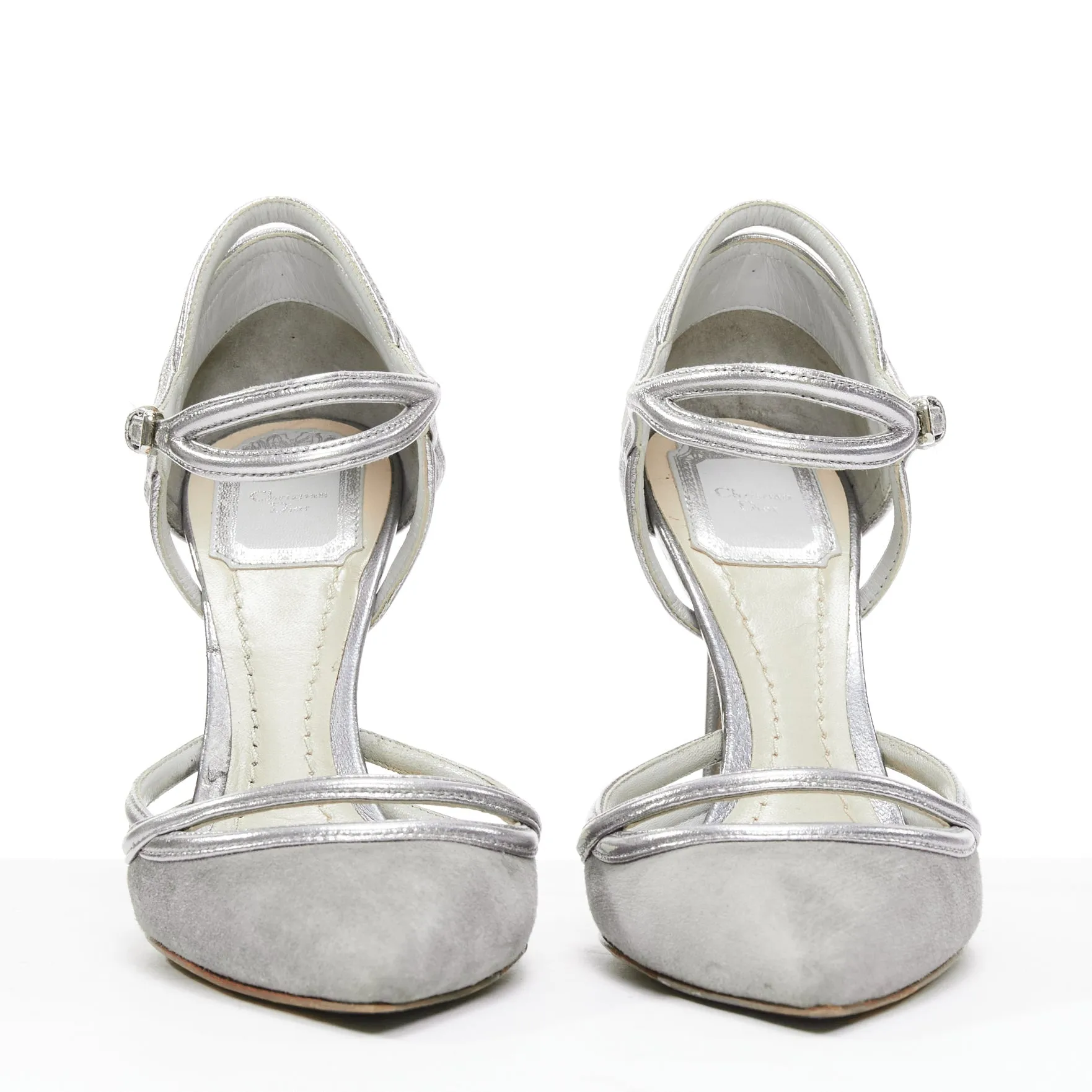 DIOR Raf Simons grey suede metallic silver trims strappy pumps EU35.5