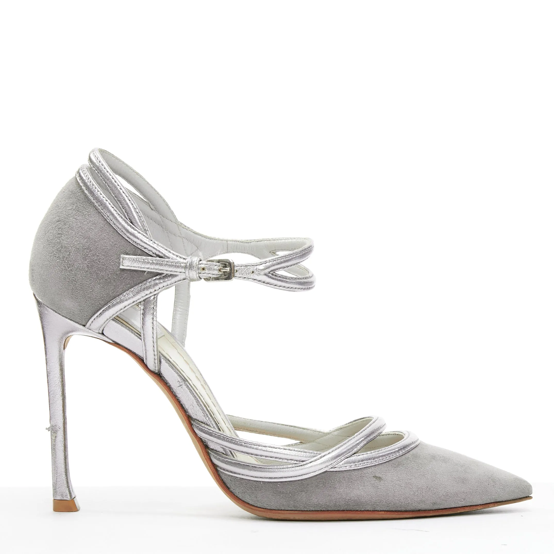 DIOR Raf Simons grey suede metallic silver trims strappy pumps EU35.5