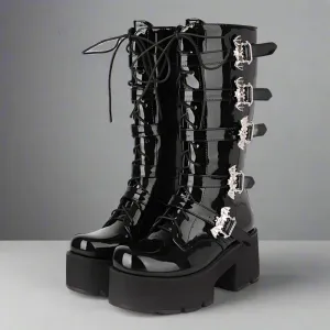 Edgy Black Patent Leather Gothic Boots with Lace-Up and Buckles