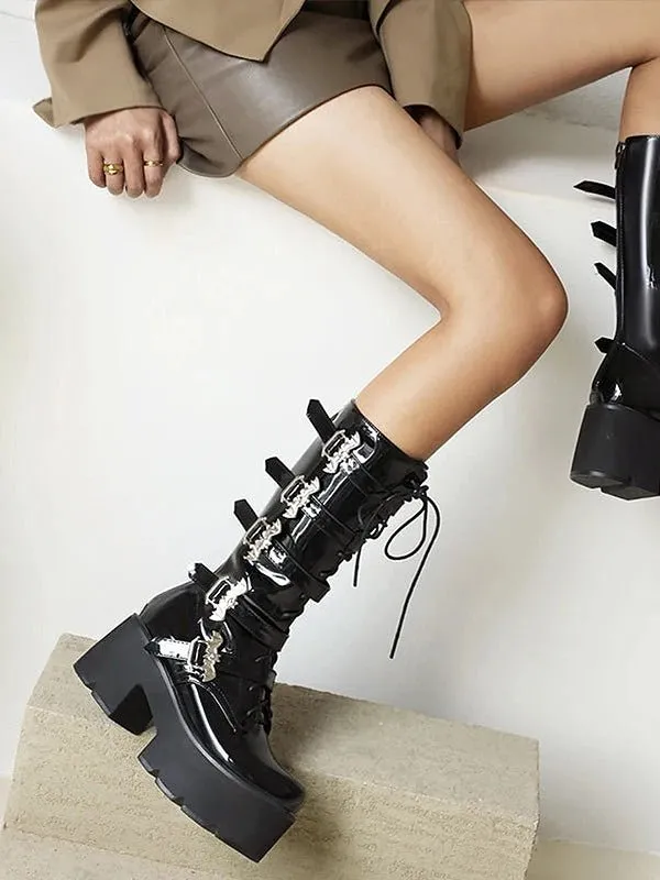 Edgy Black Patent Leather Gothic Boots with Lace-Up and Buckles