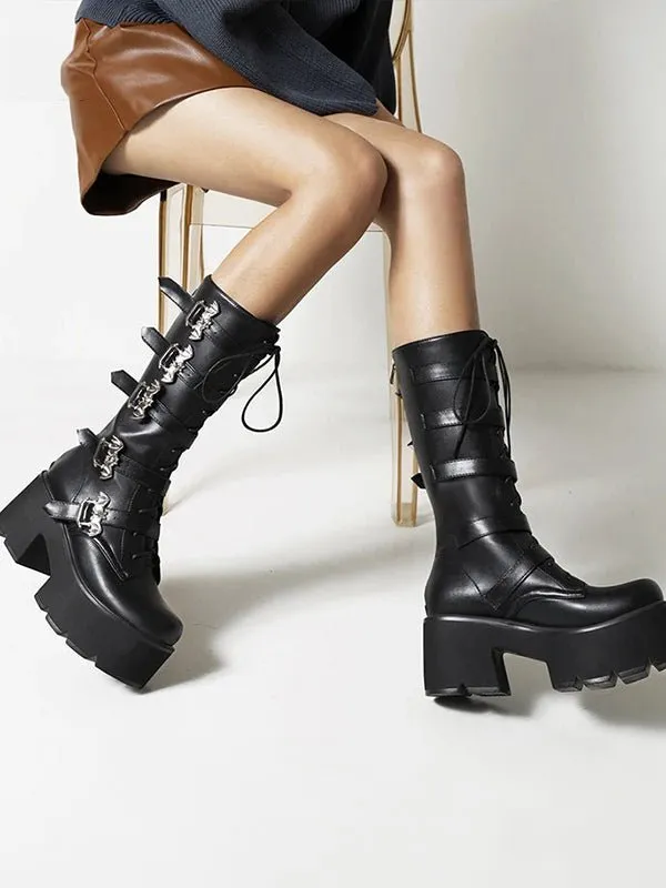 Edgy Black Patent Leather Gothic Boots with Lace-Up and Buckles