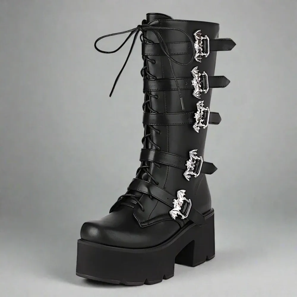 Edgy Black Patent Leather Gothic Boots with Lace-Up and Buckles