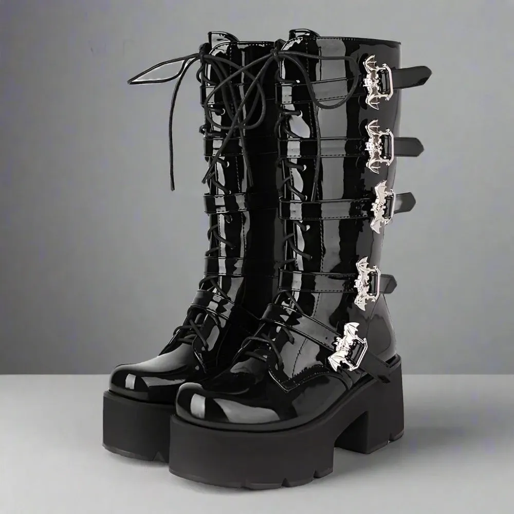 Edgy Black Patent Leather Gothic Boots with Lace-Up and Buckles