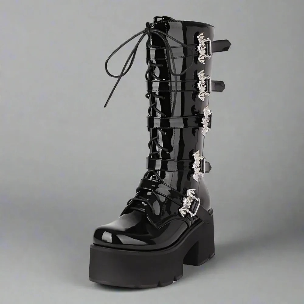 Edgy Black Patent Leather Gothic Boots with Lace-Up and Buckles