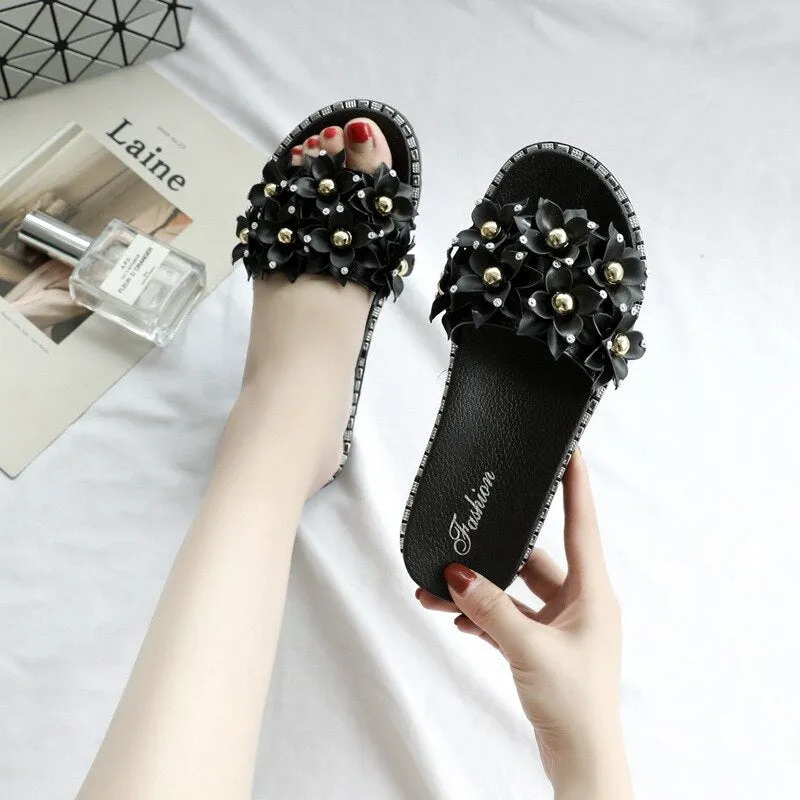 Open Toe Gold Applique Pleated Flat Flip Flops