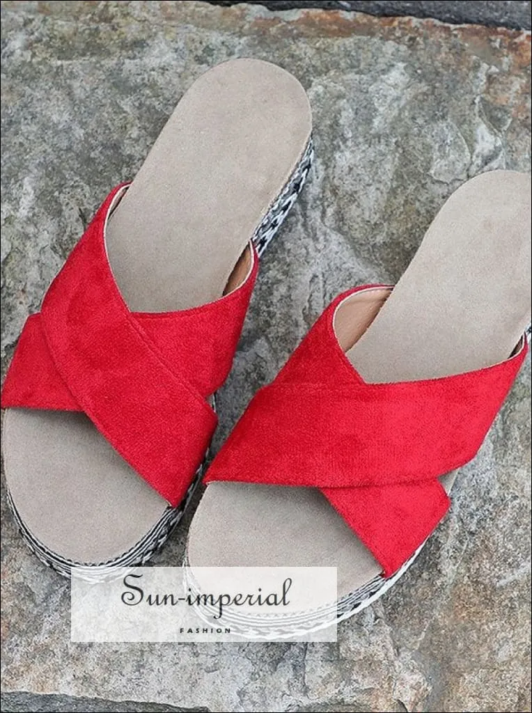 Women Red Summer Open Toe Platform Casual Slippers Ladies Outdoor Flip Flops X Shape