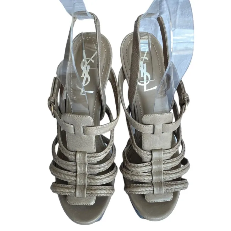 YVES SAINT LAURENT Gray Leather Strappy Slingback Platforms Sandals, Size 38.5