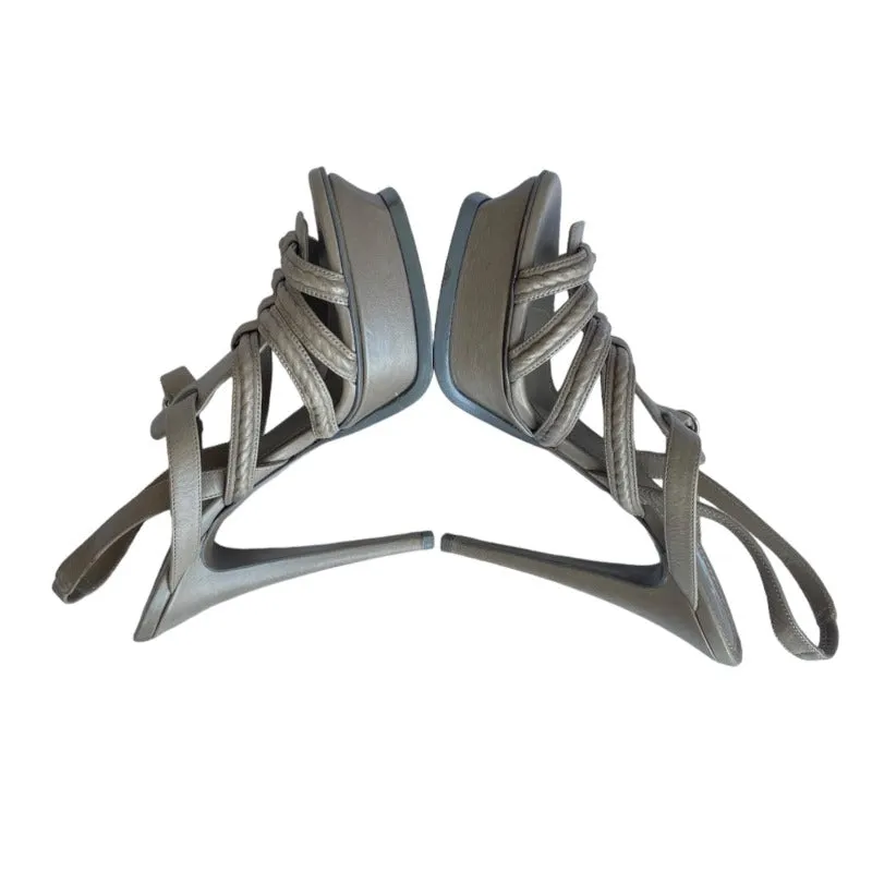 YVES SAINT LAURENT Gray Leather Strappy Slingback Platforms Sandals, Size 38.5