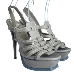 YVES SAINT LAURENT Gray Leather Strappy Slingback Platforms Sandals, Size 38.5