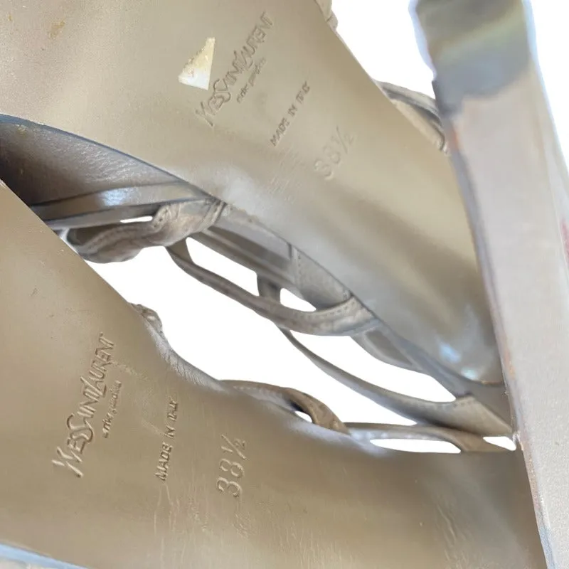 YVES SAINT LAURENT Gray Leather Strappy Slingback Platforms Sandals, Size 38.5