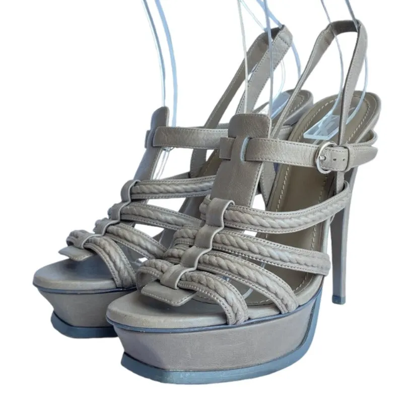 YVES SAINT LAURENT Gray Leather Strappy Slingback Platforms Sandals, Size 38.5