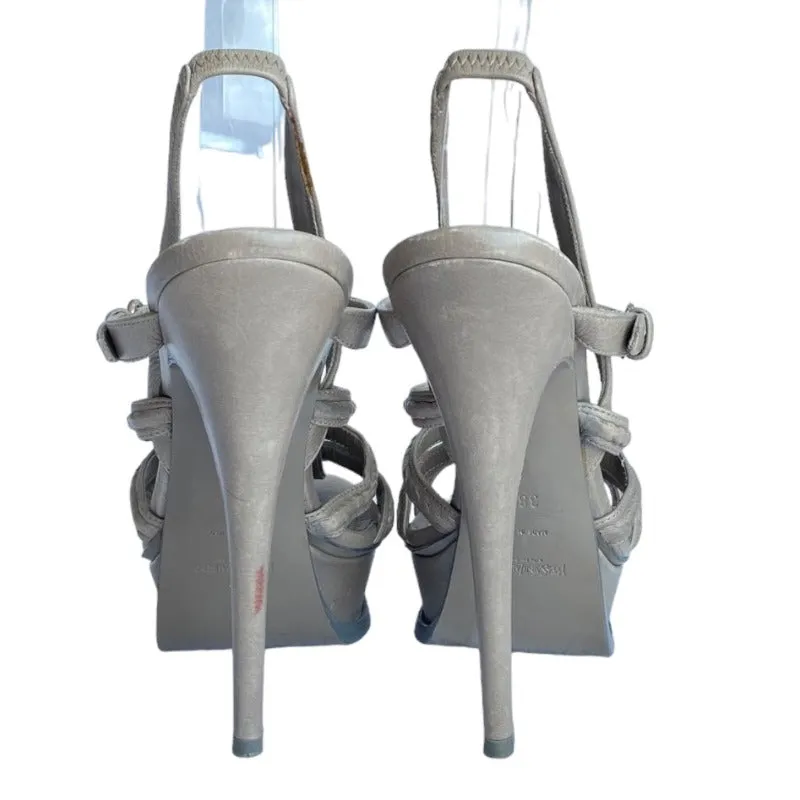 YVES SAINT LAURENT Gray Leather Strappy Slingback Platforms Sandals, Size 38.5