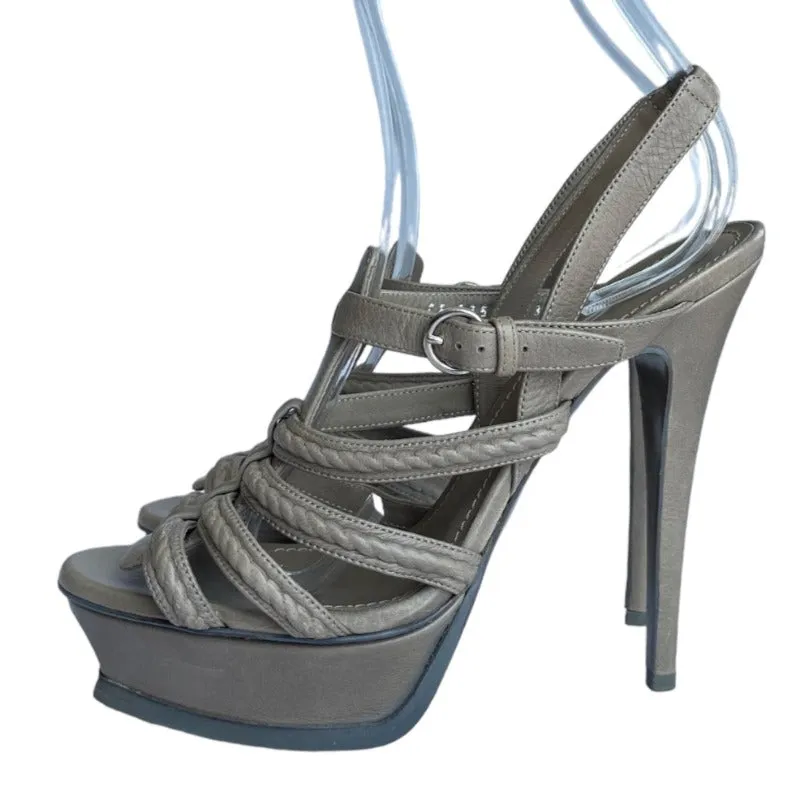 YVES SAINT LAURENT Gray Leather Strappy Slingback Platforms Sandals, Size 38.5